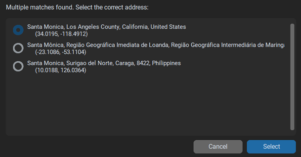 Address verification dialog showing multiple location matches