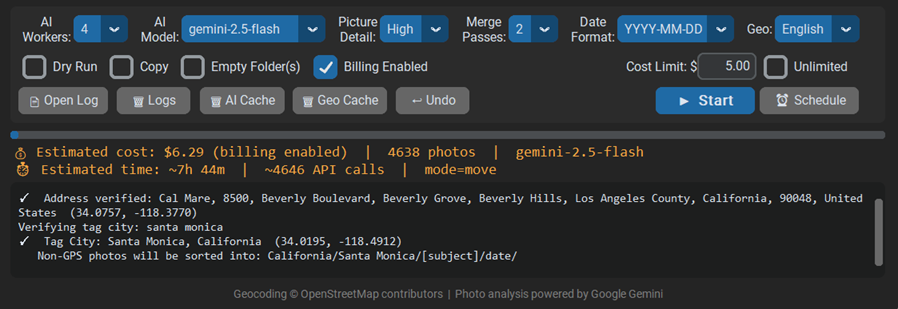 DKPhotoSorter with billing enabled showing 4 workers, high detail, and faster estimated time