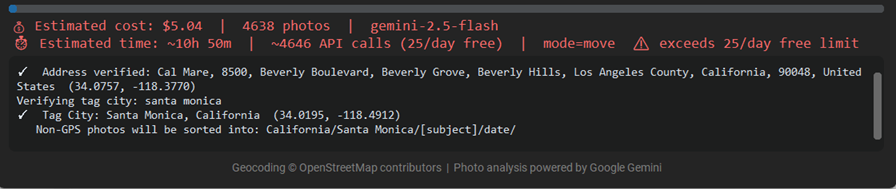 Cost estimate showing $5.04 for 4,638 photos with Gemini Flash
