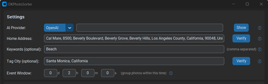 DKPhotoSorter with OpenAI provider selected