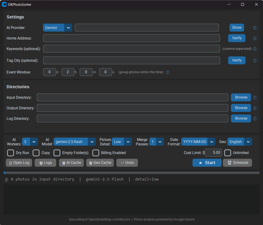 DKPhotoSorter application window showing settings, directory configuration, and sorting controls